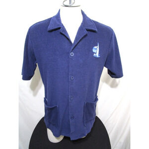 VTG 80s Palm Beach Blue Terry Cloth Button Up Beach Pool Cabana Shirt Men L